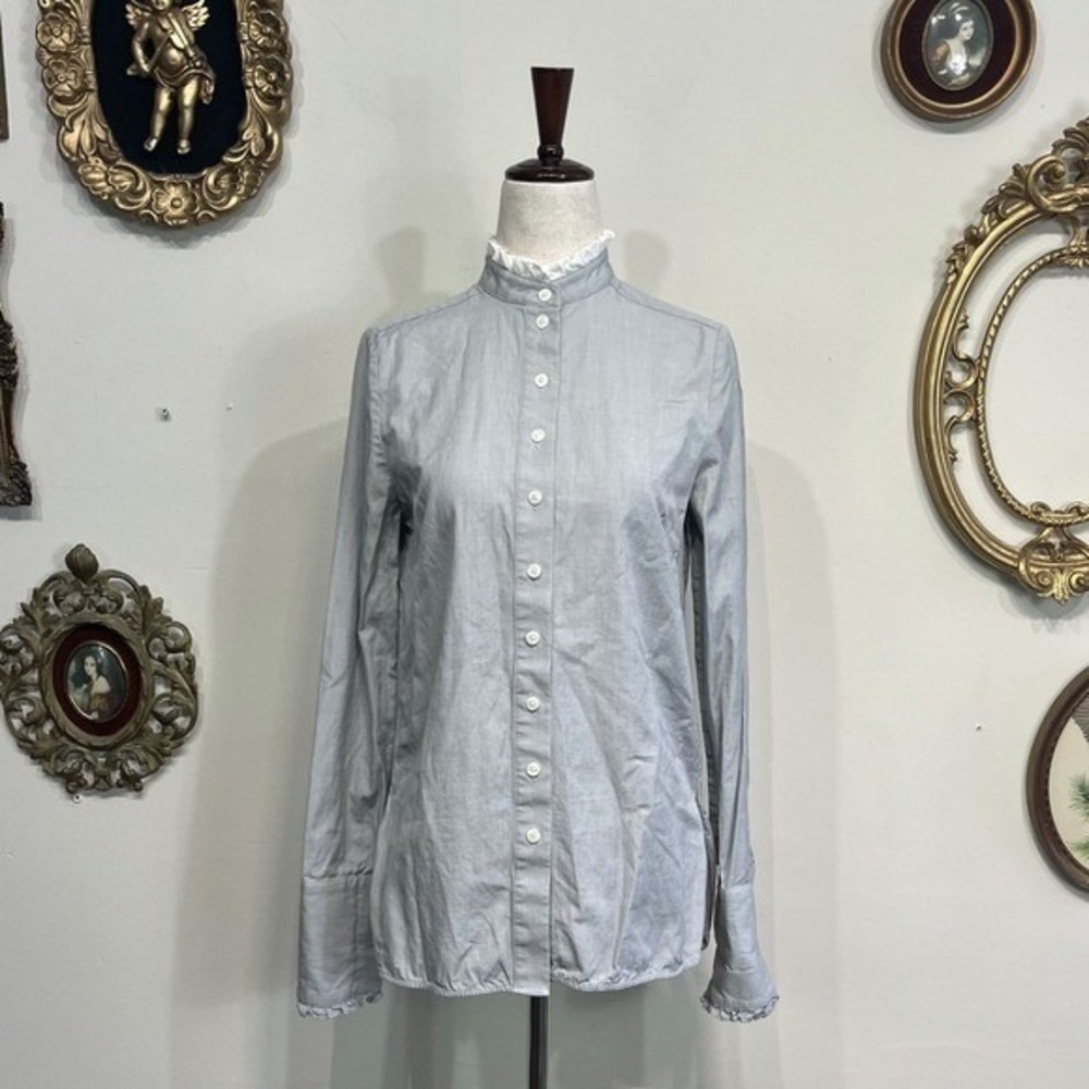 Même Chose Grey‎ Cotton Button-Down Shirt With Ruffled Collar Size 0